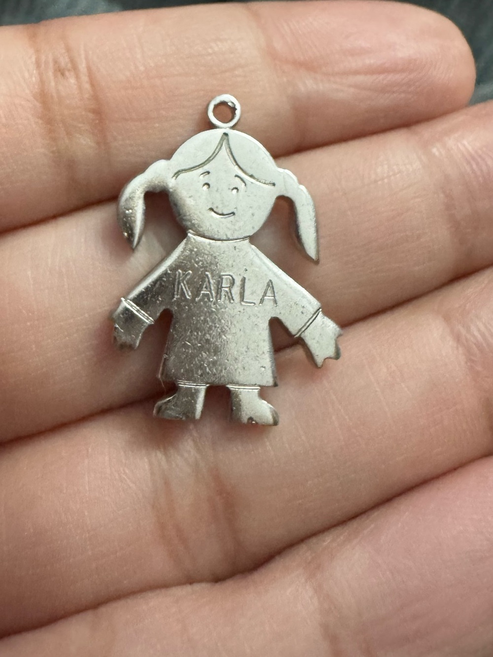 Vintage Silvertoned Monet Girl Charm Engraved w/Name Karla *READ*